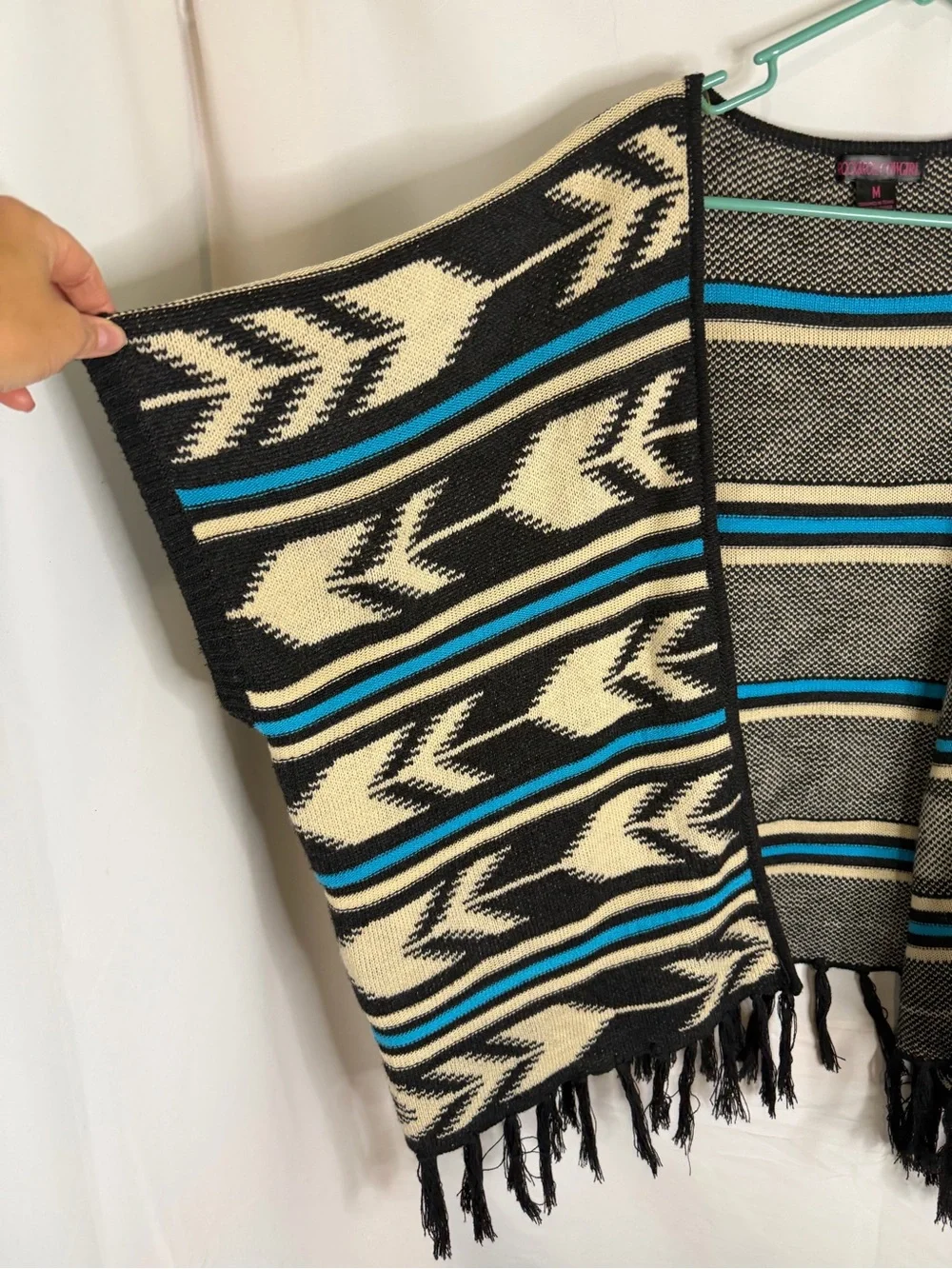 Rock & Roll Cowgirl Open Front Fringe Poncho - Black, Cream & Blue Size Medium